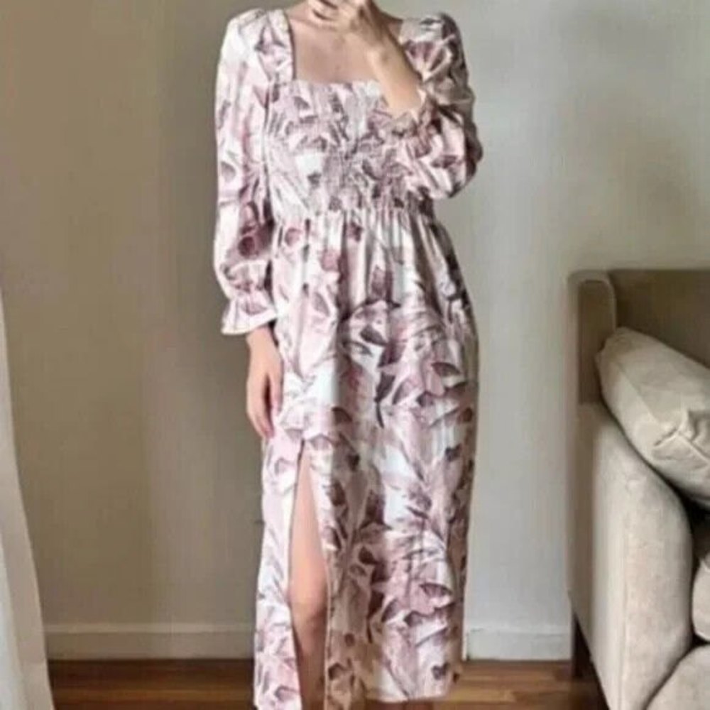 HOUSE OF HARLOW 1960 SMOCKED OFF THE SHOULDER LINEN FLORAL MIDI DRESS